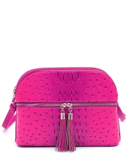 Ostrich Embossed Multi-Compartment Cross Body with Zip Tassel OS050 FUSCHIA